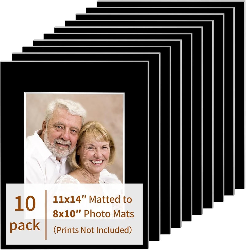 YEESON 10 Pack Picture Frame Mats, 11x14 Matted to 8x10 Photo Mats, Acid Free Picture Matting for Pictures Photos Watercolor Artwork (Black) - Image 1